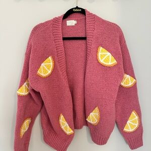 Spring Pink Lemon Appliqué Open-Front Women's Sweater Cardigan